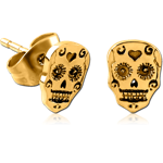 GOLD PVD COATED SURGICAL STEEL GRADE 316L EAR STUDS PAIR - FANCY SKULL