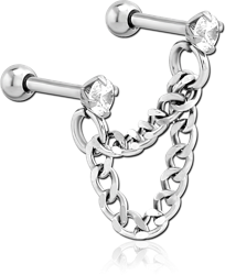 SURGICAL STEEL GRADE 316L JEWELED TRAGUS MICRO BARBELLS CHAIN LINKED - KEY