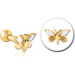 GOLD PVD COATED SURGICAL STEEL GRADE 316L JEWELED TRAGUS MICRO BARBELL - BUTTERFLY