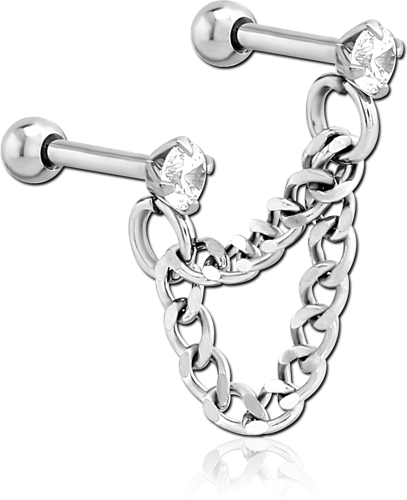 SURGICAL STEEL GRADE 316L JEWELED TRAGUS MICRO BARBELLS CHAIN LINKED ...